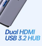 Compact electronic device labeled as 'Dual HDMI USB 3.2 HUB', suggesting multiple connection ports for computer peripherals.