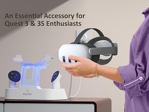 One person put the Quest 3 headset on the charging dock to charge.