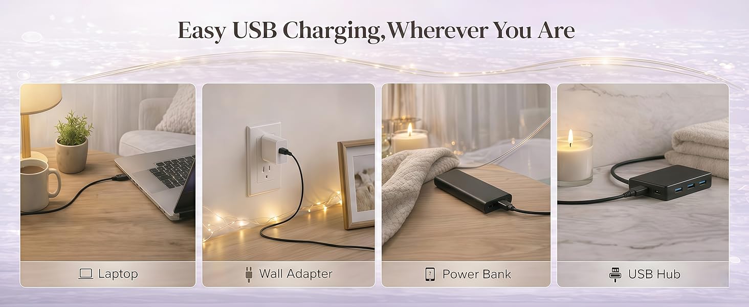 showing USB charging via laptop, wall adapter, power bank, and USB hub in home settings.