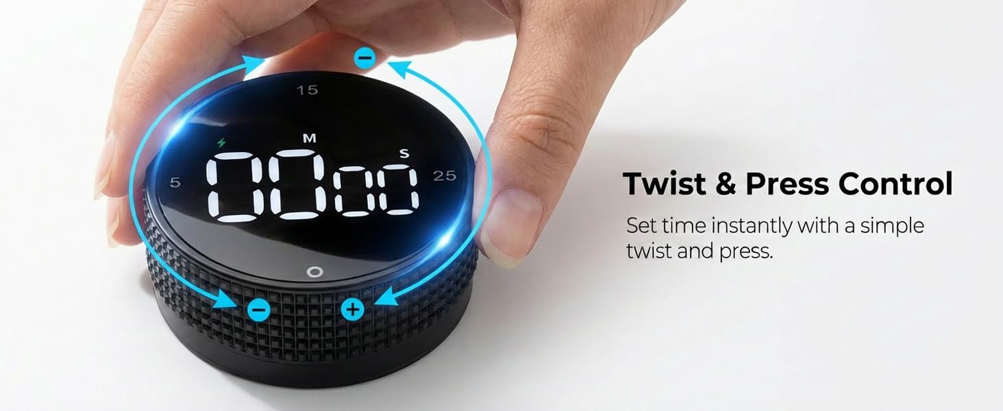 Text reads 'Twist &amp; Press Control'. Digital display showing numerical interface with blue illuminated elements.