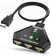 HDMI Switch 3 in 1 Out, 4K@60Hz HDMI Switcher with Gold Plated Ports, Plug & Play, Supports Full ...