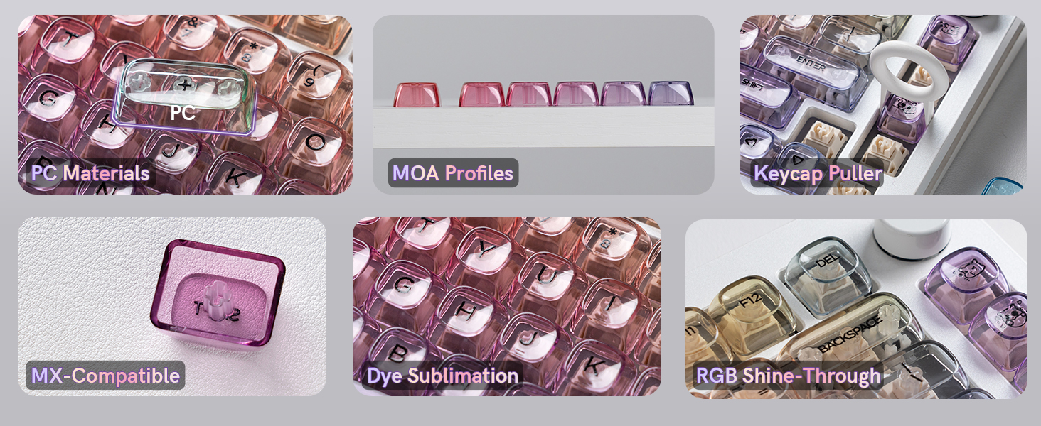 PC Materials. MOA Profile, MX-Compatible, Dye Sublimation, RGB Shine-Through, Keycap puller