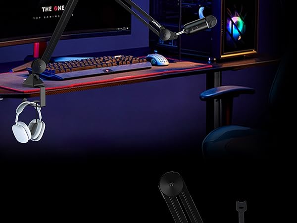 gaming mic podcast microphone stand arm boom studio pc computer streaming desk low profile cable cam
