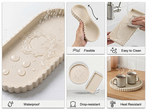 Beige textured tray with feature icons: 'Waterproof', 'Drop-resistant', 'Heat Resistant', 'Flexible', 'Easy to Clean'. Four detail photos show drainage holes, flexible material, washing capability, and heat-resistant design.