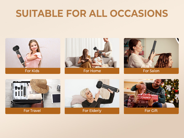 Grid of six usage scenarios for hair styling tool, showing applications for kids, home use, salon, travel, elderly, and gift-giving occasions.