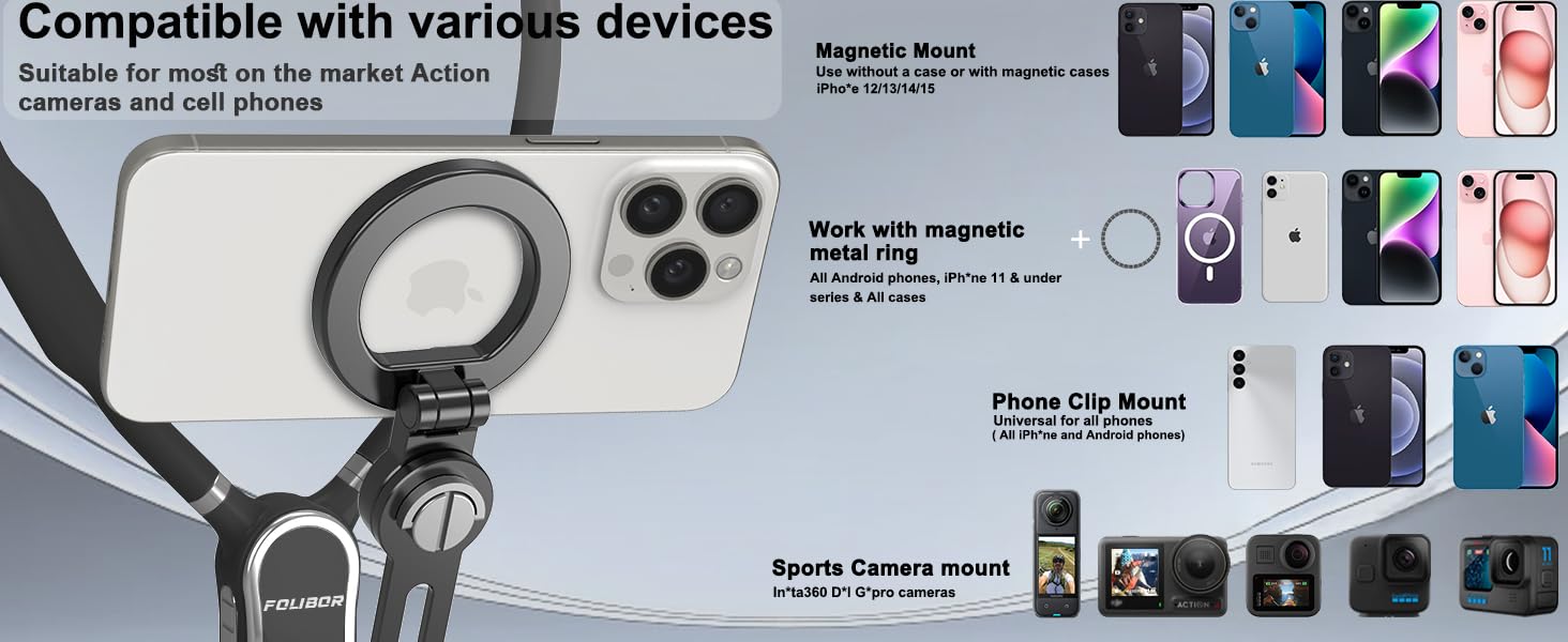 Magnetic Neck Phone Holder, 4 in 1 Neck Mount for Phones Action Camera Gopro, Cell Phone Neck Holder
