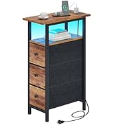 TRIFEBLE End Table with Charging Station, Narrow Side Table with 3 Fabric Drawers, Skinny Nightst...