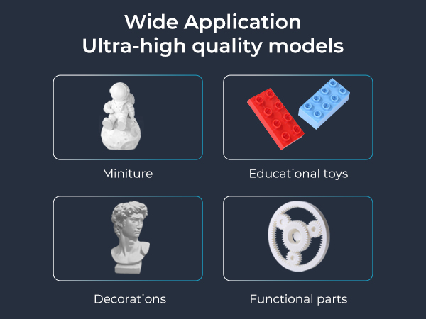Infographic displaying ultra-high quality 3D models for wide applications: miniature chess piece, educational toy blocks, decorative bust, and functional steering wheel part.