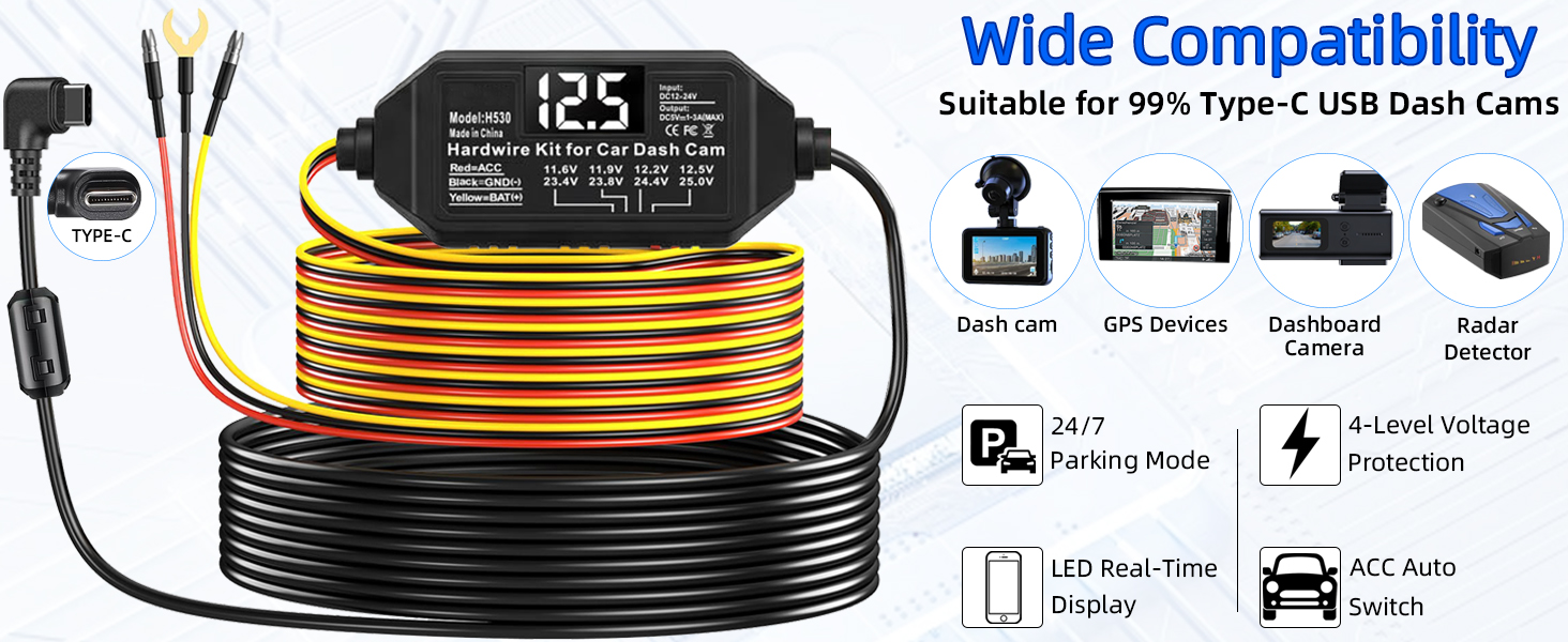 Dash Cam Hardwire Kit USB C, 12V-24V to 5V Type C Hardwire Kit with LED Voltmeter