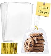 Labeol Cellophane Bags 300Pcs 5X7 Treat Bags with Ties Goodie Bag Clear Plastic Bag for Packaging...