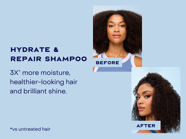2 images of the same woman before &amp; after applying our treatment for healthy-looking hair.