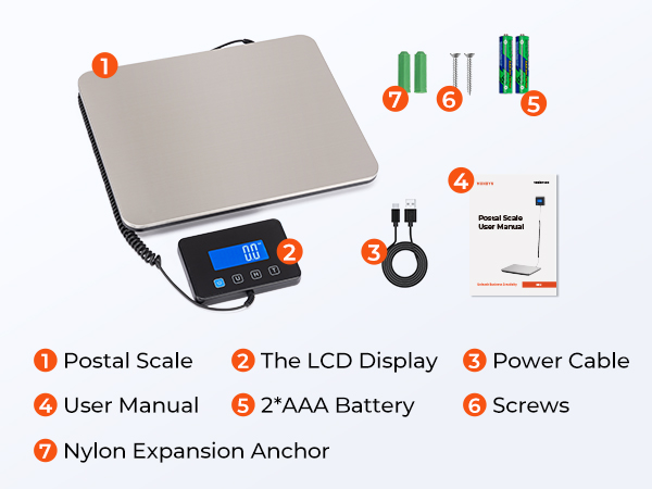 Digital postal scale components layout including main scale unit, LCD display, power cable, manual, batteries, screws, and expansion anchor with labeled diagram.