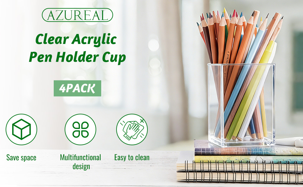 AZUREAL 4 Pack Clear Acrylic Pen Holder Cup,