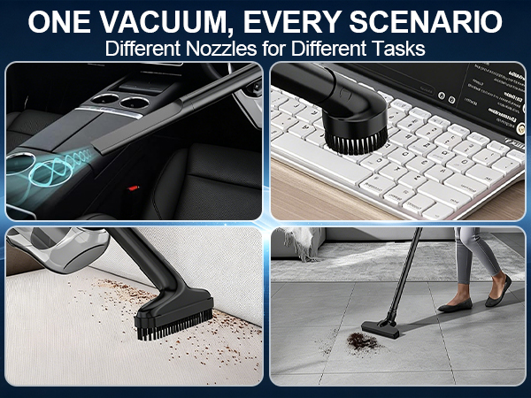 Handheld stick vacuum with multiple nozzles for car, home, sofa, carpet and keyboard cleaning