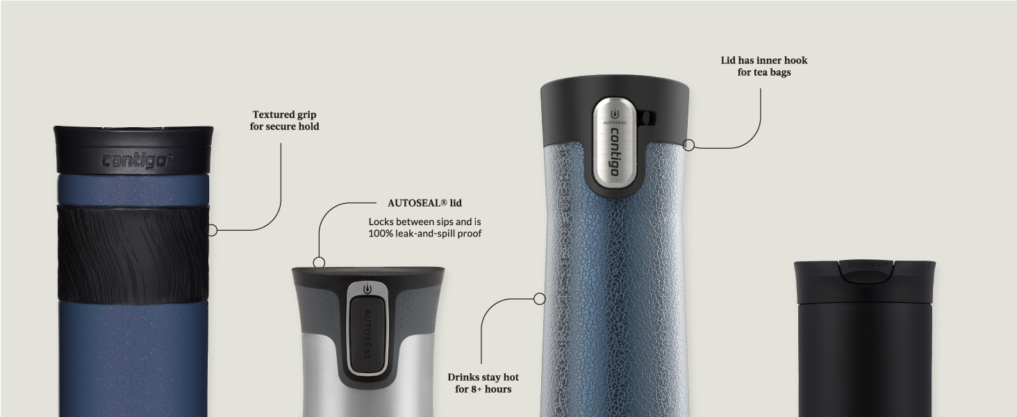 textured grip secure hold hot cold drink autoseal lid sip leakproof spillproof blue silver nice