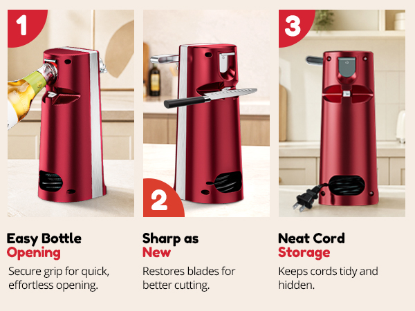 NK-0734 Multi-function red can opener with bottle opener, sharpener &amp;amp; cord storage