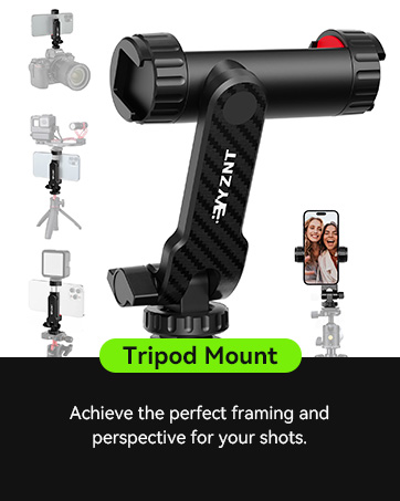 Text reads: 'Tripod Mount' and 'Achieve the perfect framing and perspective for your shots.' Black adjustable camera/phone mount with multiple mounting positions shown in demonstration images.