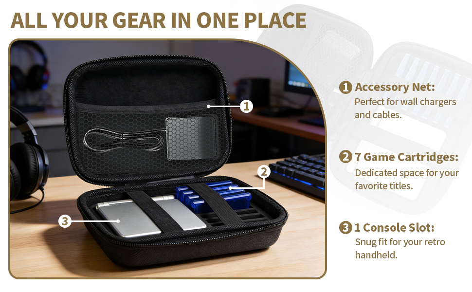 Protective travel case for gba sp displaying seven game slots and a mesh pocket.