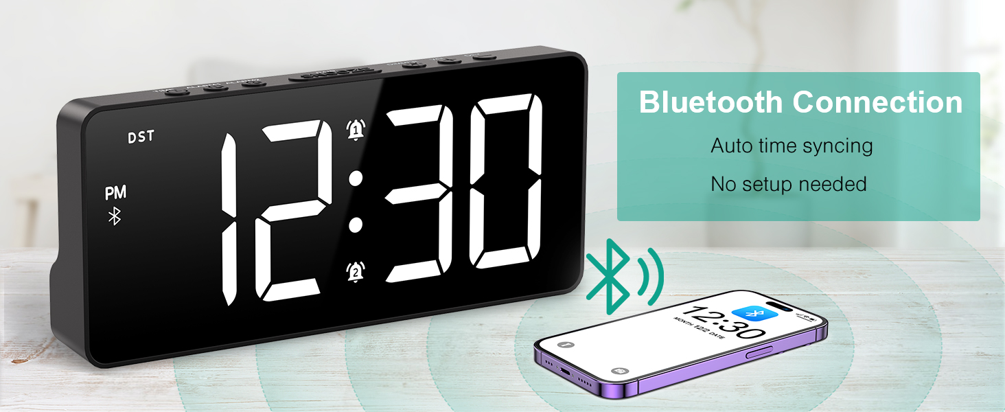 Digital Alarm Clock, LED Bedroom Clock with Bluetooth Sync Time