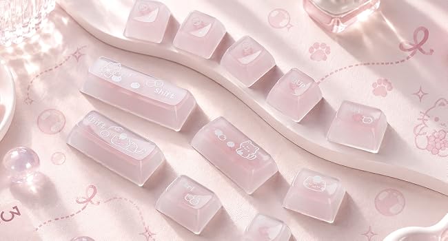 Clear Jelly Keycaps, Pink Cat Shine Through Keycaps Thick PC+ABS Crystal Translucent Keycaps
