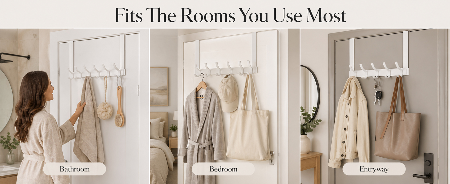 Over the door hook rack fits bathroom, bedroom and entryway for towels, coats and bags