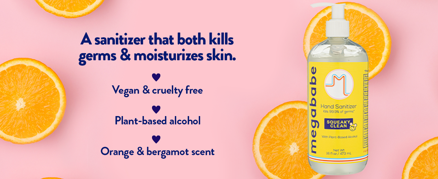 16 oz hand sanitizer on pink background with oranges.