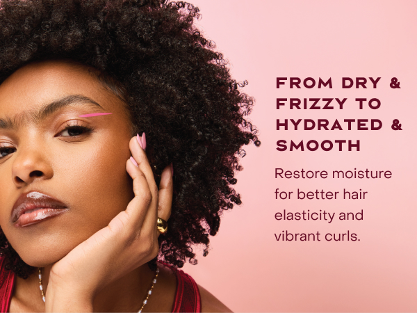 Image of a woman with curly hair, next to text highlighting some benefits of our conditioner.