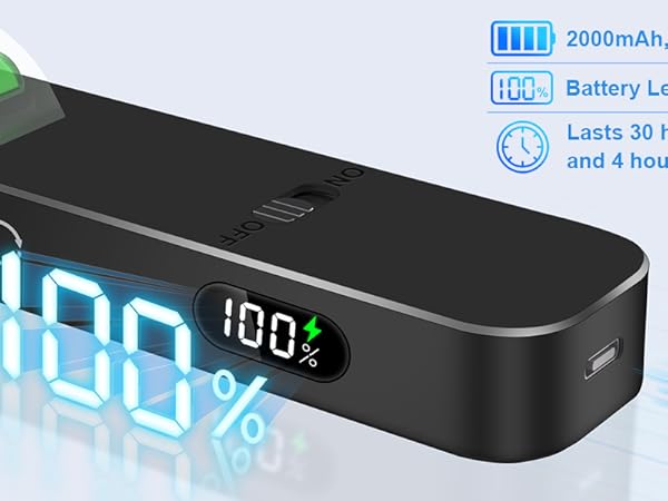 Black power bank device with LED display showing battery percentage. Features include battery level indicator and long battery life capacity.