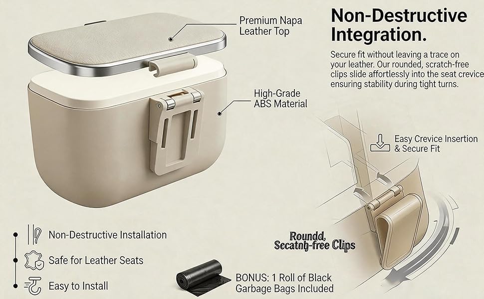 Car trash bin with scratch-free clips safe for leather vehicle interiors.