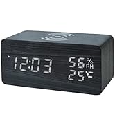Everwood Wooden Digital Alarm Clock with Wireless Charger, Temperature, Humidity Led Display for ...