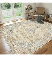Area Rug Living Room Rugs: 5x7 Washable Rug Vintage Soft Boho Floral Non-Slip Carpet Indoor Floor...