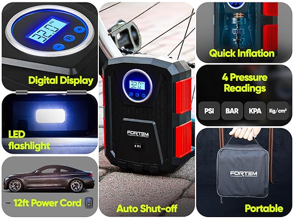 Tire inflator dimensions and features including digital display and LED lighting, compact, carry bag