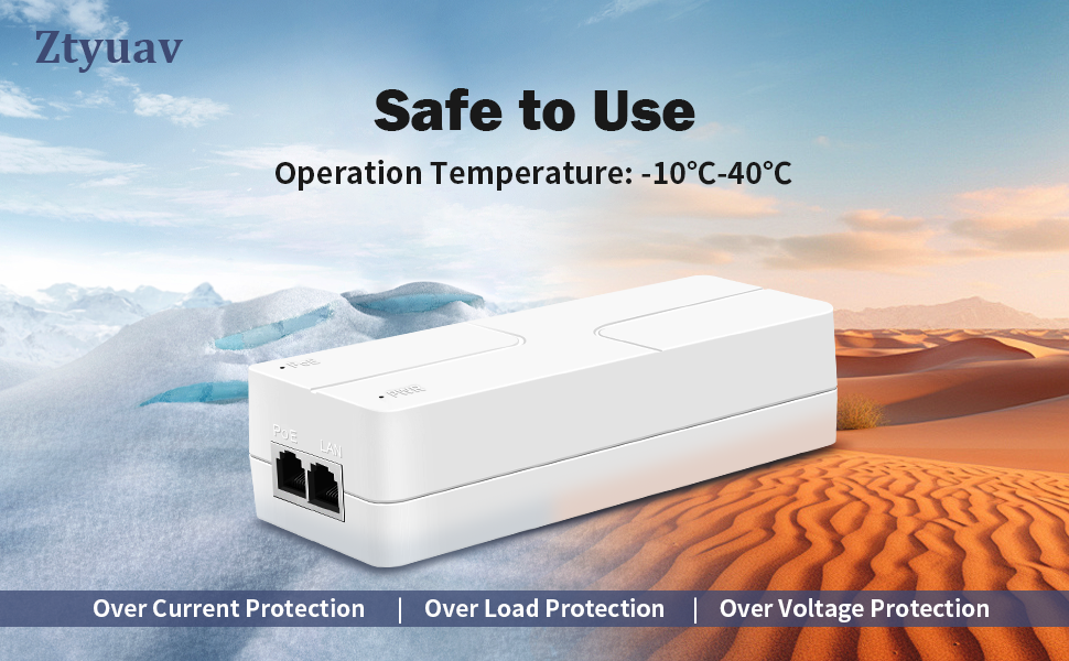 Text reads 'Safe to Use' and 'Operation Temperature: -10°C~45°C'. Product safety information display showing 'Over Current Protection, Over Load Protection, Over Voltage Protection'.