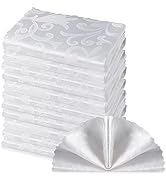 HommxJF 12 Pieces Wave Scroll Damask Jacquard Satin Napkins White Cloth Napkins 17 x 17 inch,Wate...