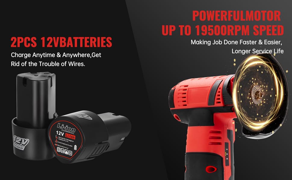 Red power tool with circular attachment and two 12V batteries