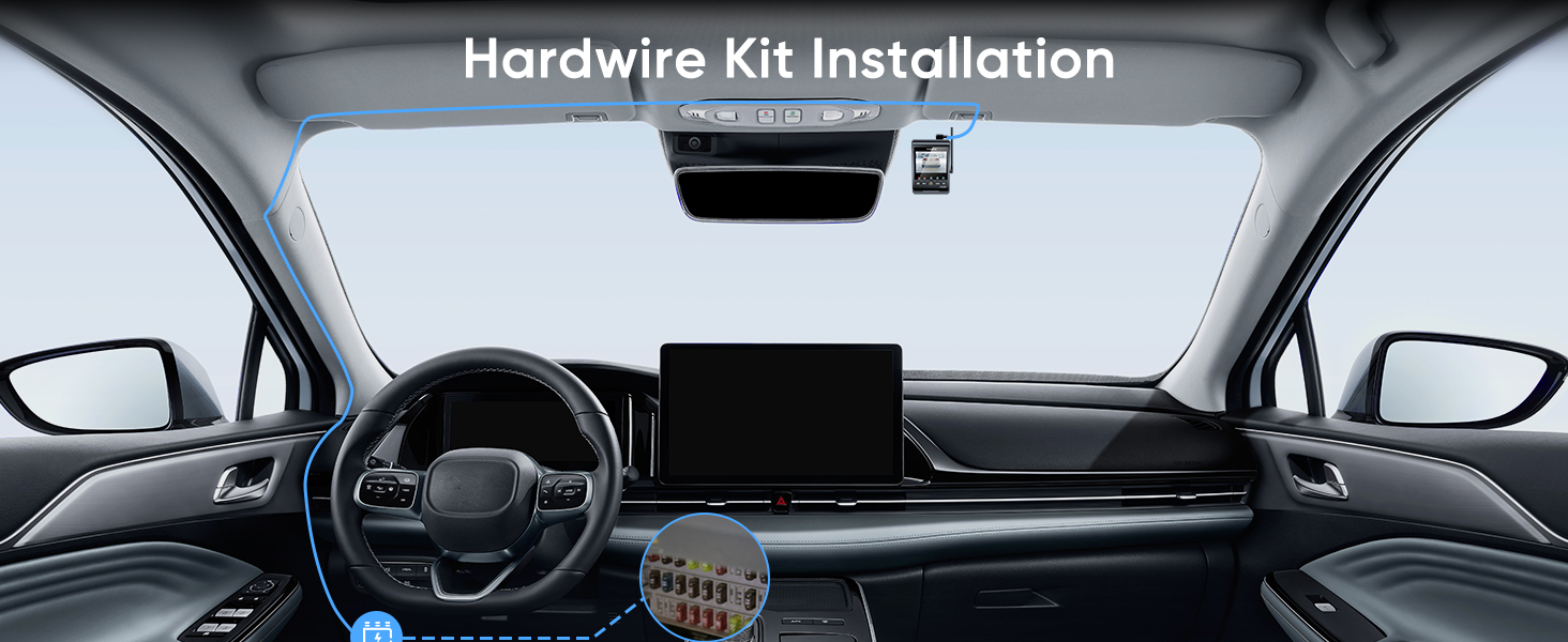 Installation diagram: routing cable from fuse box to dashcam behind rearview mirror in car interior.