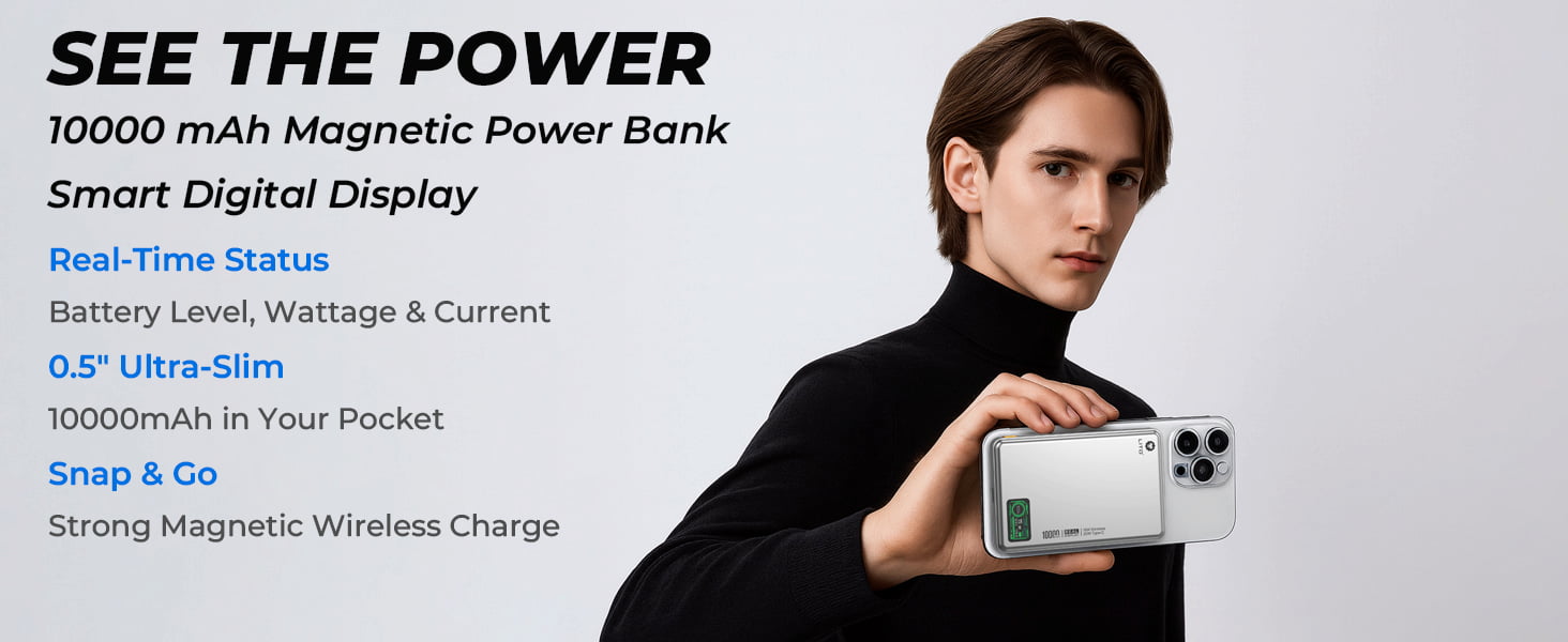 Man holding slim magnetic power bank with smart digital display