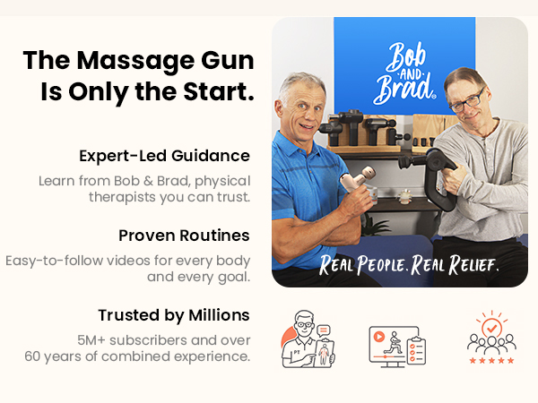Bob and Brad hold massage devices beside information about expert guidance and exercise routines.