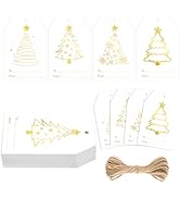 G2PLUS 60Pcs Christmas Name Tags, 4 Designs White Gold Christmas Tree Tag, Xmas Paper Gift Tags w...
