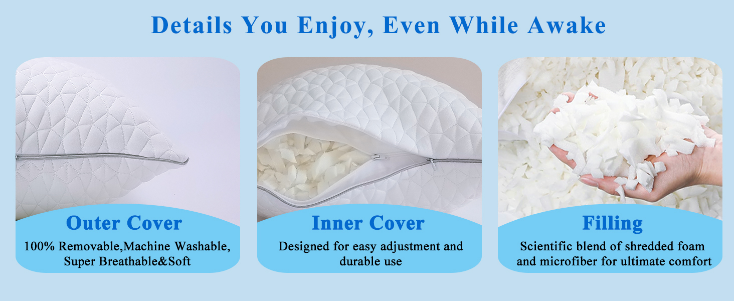 Premium shredded memory foam filling—soft, supportive and long-lasting, Removable pillow cover