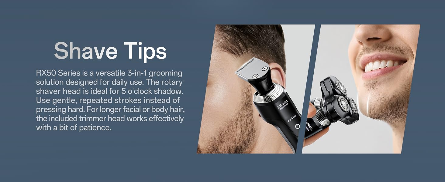 The rotary shaver is ideal for 5 o&amp;#39;clock shadow. Use gentle, repeated strokes