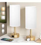 Fenmzee Gold Bedside Table Lamps Set of 2-3 Color Temperatures Pull Chain Lamp with AC Outlet Cha...