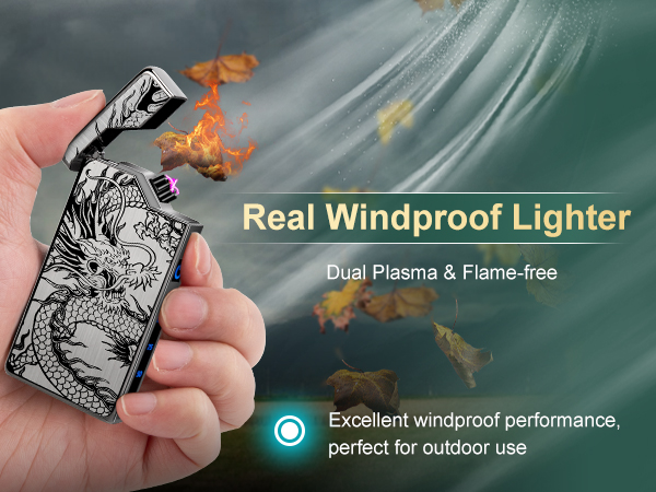 Text reads 'Real Windproof Lighter' and 'Dual Plasma &amp; Flame-free'. Silver lighter with decorative dragon design shown with orange plasma arcs emerging from top.