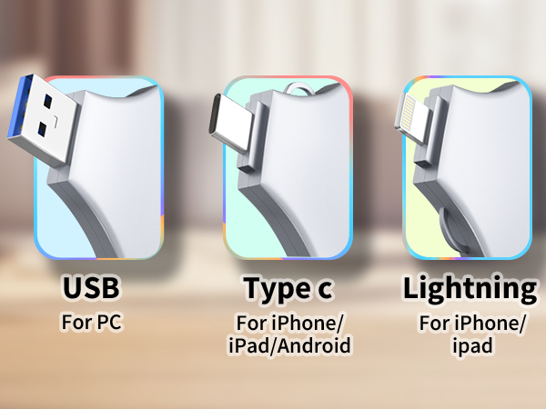 USB 3.0 Flash Drive for iPhone 256GB: MFi Certified 3in1 External Memory Photo Keeper Storage Stick