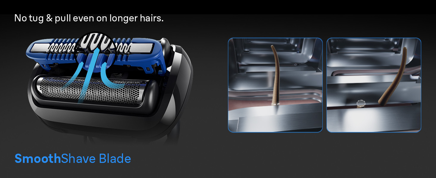 Braun shaver blades cutting short hairs. SmoothShave Blade and SkinGentle Foil benefits are shown.