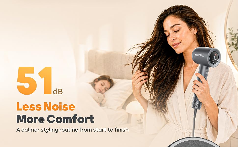 Woman holding a BURKANIX hair dryer beside a sleeping child