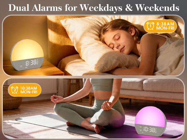 Text reads "Dual Alarms for Weekdays &amp; Weekends" with time displays "8:38" shown twice in orange circular badges. Split-panel image: top shows person sleeping with warm-toned lighting, bottom shows person sitting with purple-toned lighting indicating different alarm times.
