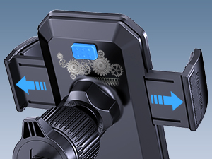 Black car phone mount with mechanical gear display on LCD screen, featuring adjustable side grips with blue arrow indicators.