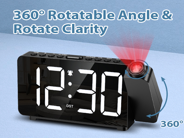 Projection Alarm Clocks for Bedrooms, Large LED Display Digital Clock with 180° Rotatable Projector