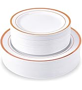 100 Piece Plastic Party Plates,Disposable Plastic Plates with Rose Gold Rim, Include 10.25'' Disp...